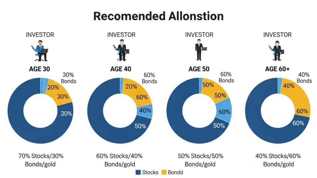 Asset allocation pie charts showing recommended stock/bond mixes for different ages