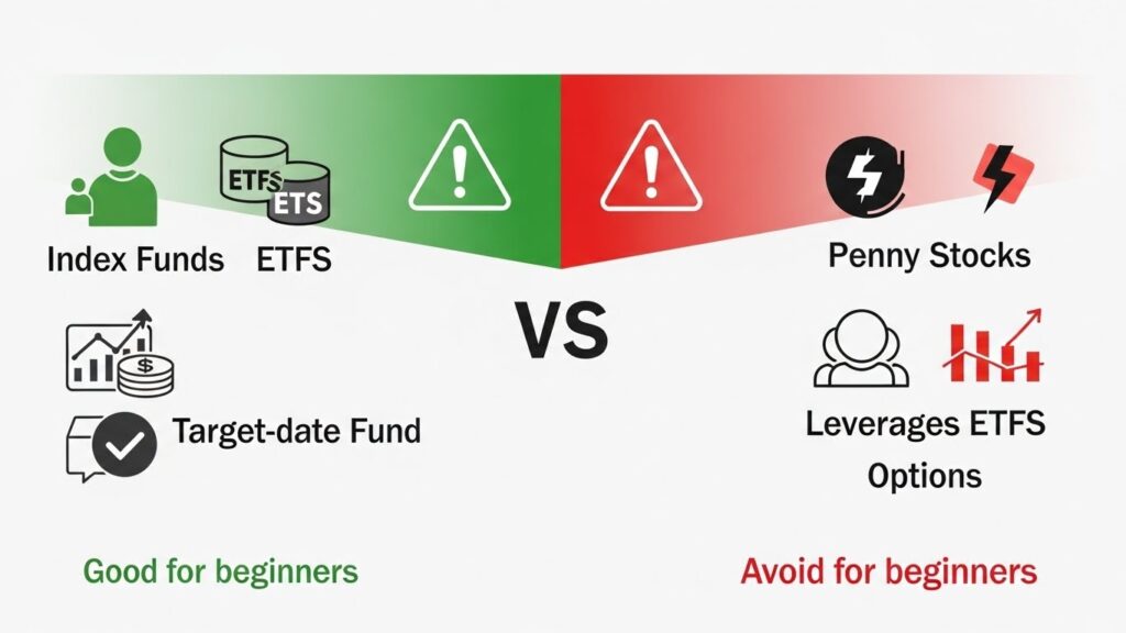Visual guide showing which investments are beginner-friendly versus which to avoid