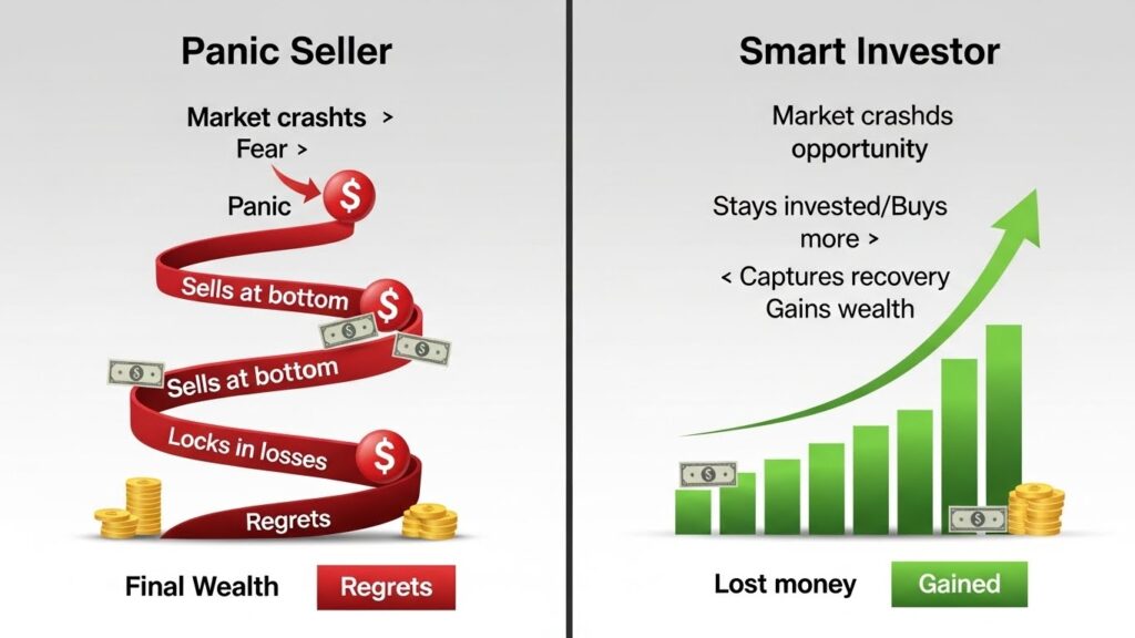 Comparison showing panic-selling losses versus staying invested during market crashes