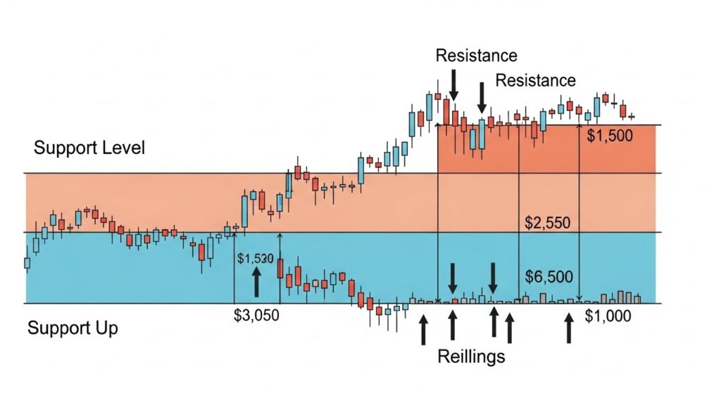 Stock chart illustrating support and resistance price levels with bounces and rejections