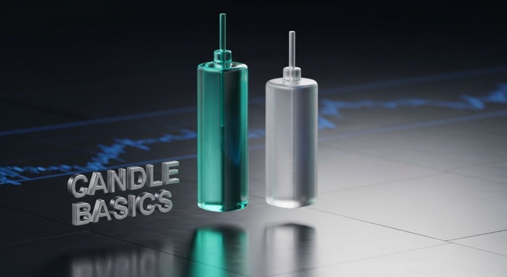 Diagram showing bullish and bearish candlestick anatomy with labels