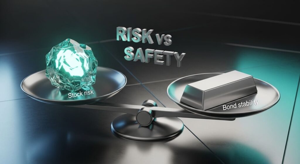 Risk-return spectrum showing different investment options from safe bonds to aggressive stocks