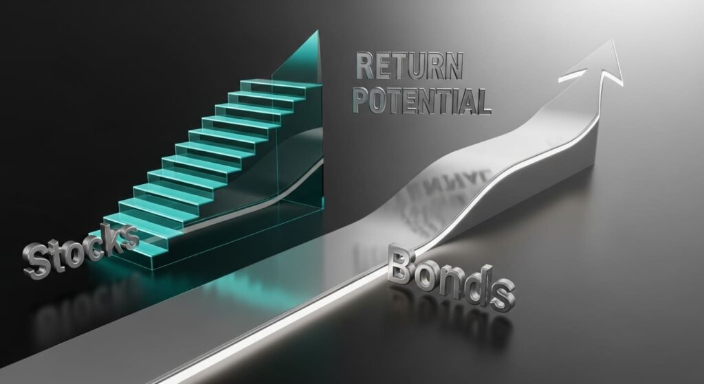 Line graph showing long-term wealth growth comparing 100% stocks, 60/40 balanced, and 100% bonds portfolios
