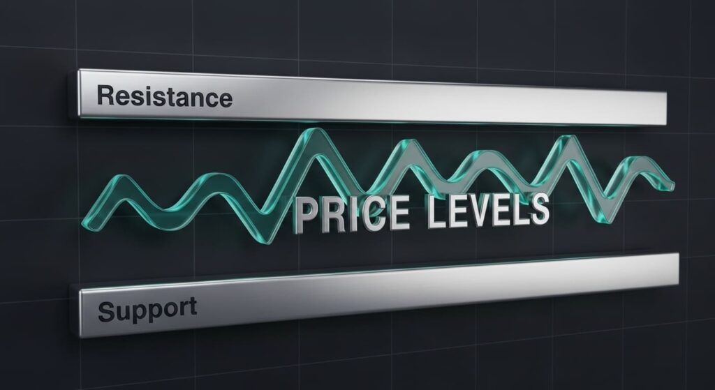 Stock chart illustrating support and resistance price levels with bounces and rejections