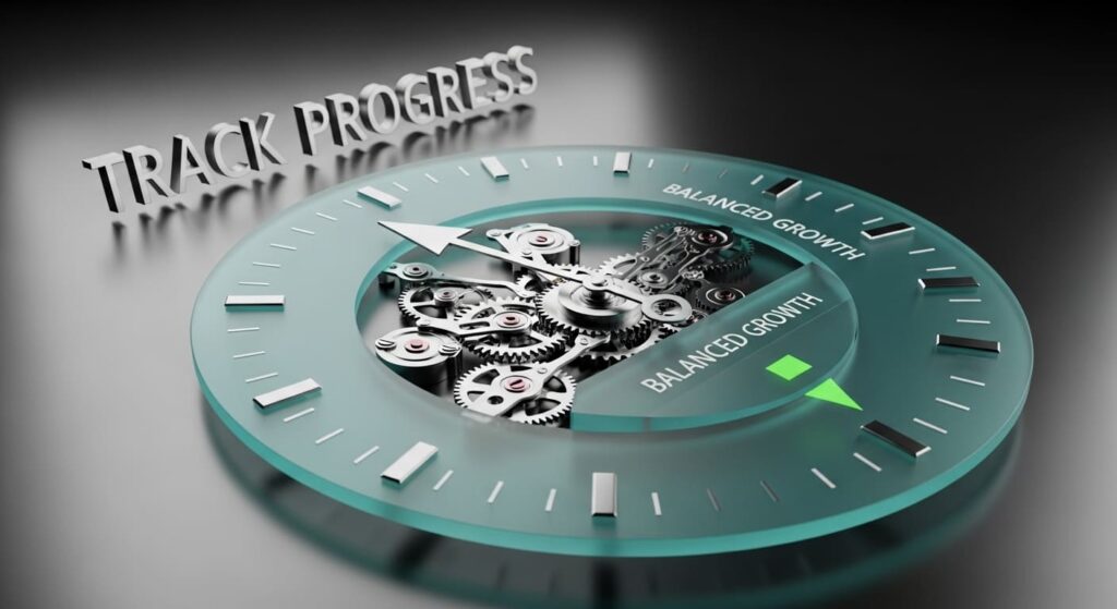 Goal tracking visualization showing monthly progress, celebrations, and milestone achievements