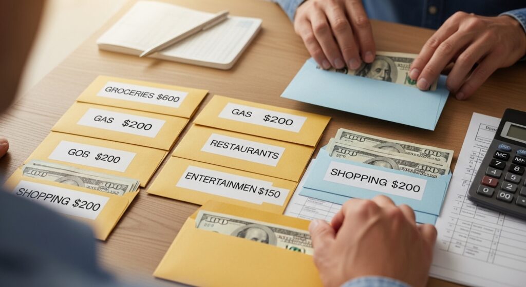 Cash envelope budgeting system with labeled categories showing physical spending tracking method