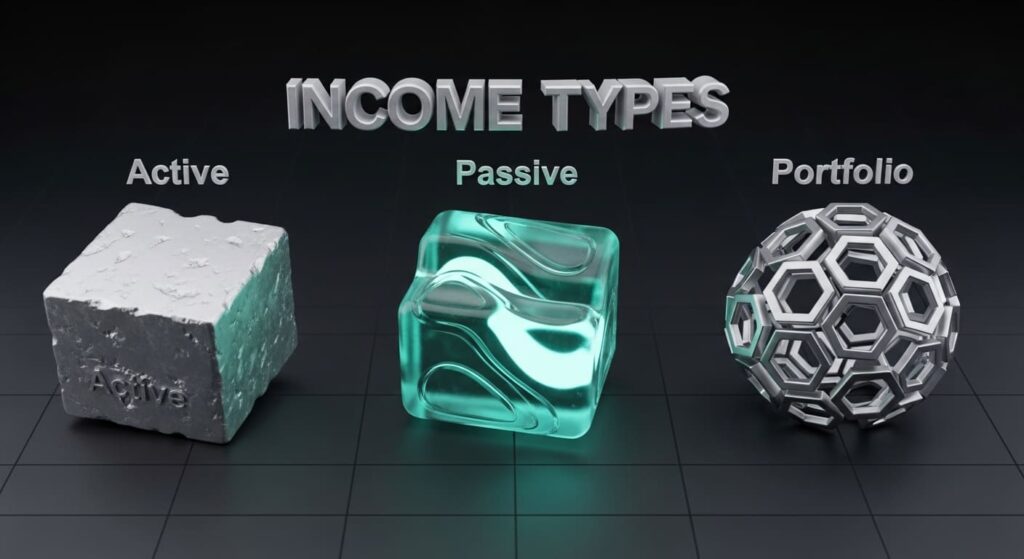 Comparison of active, passive, and semi-passive income types with effort and timeline
