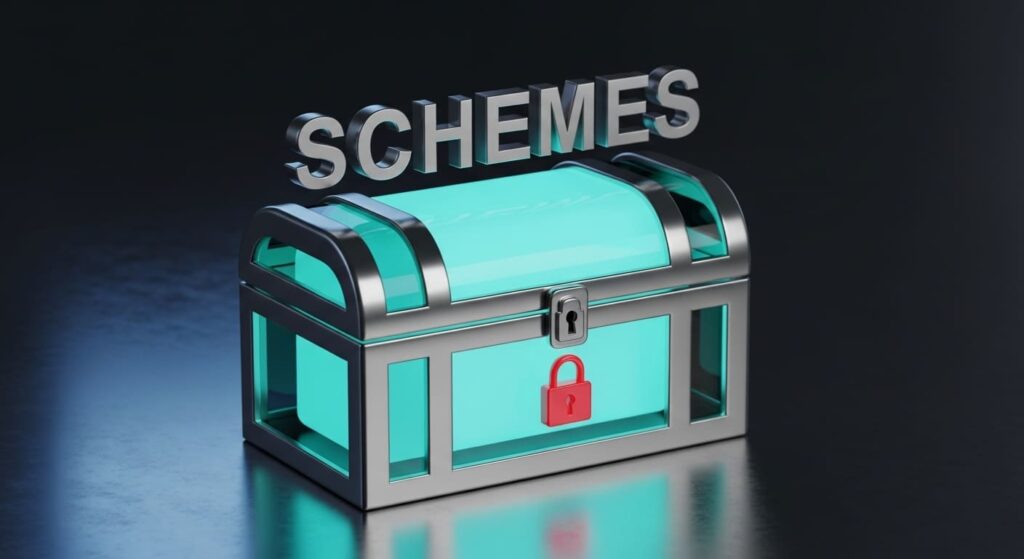 Visual guide showing common get-rich-quick schemes and why they're scams