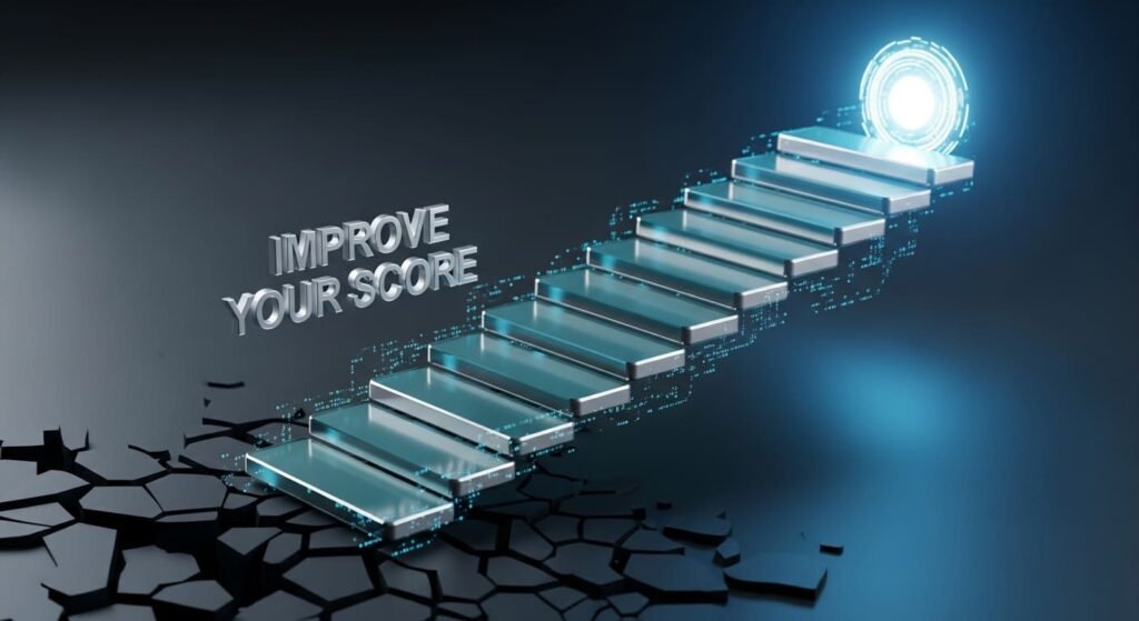 Credit score improvement timeline showing journey from 550 to 740+ over two to three years