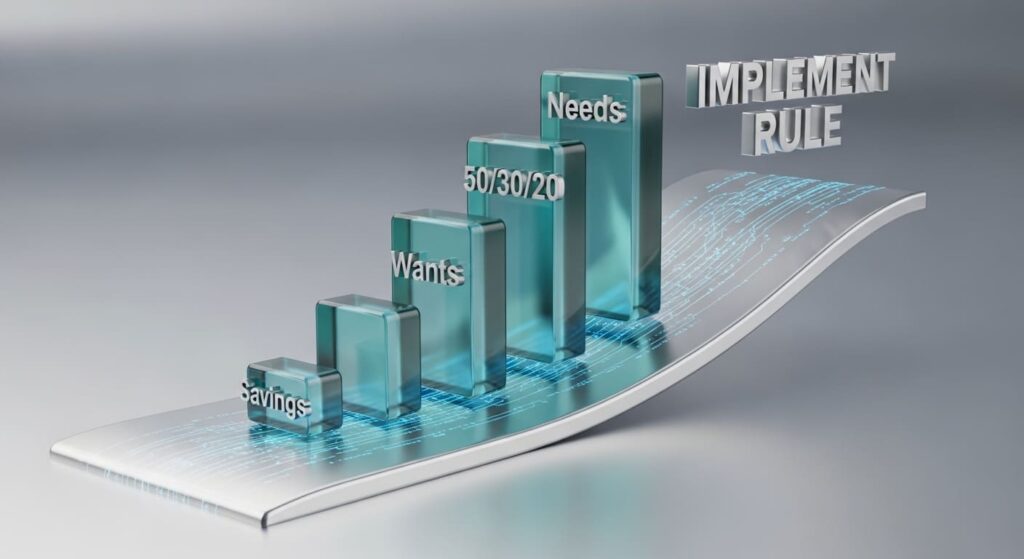 Timeline showing transformation from financial chaos to control using 50/30/20 budget rule implementation