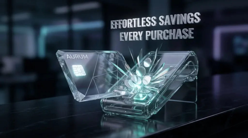 Intricate crystal glass debit card and payment terminal on a dark reflective surface. Floating 3D silver text reads 'EFFORTLESS SAVINGS' and 'EVERY PURCHASE'. Visual representation of automatic round-up savings with teal and silver light refractions.