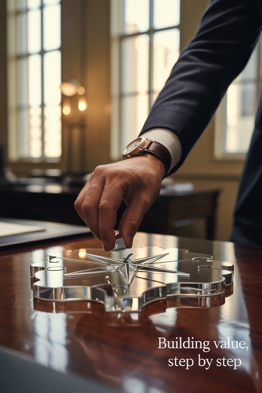 Executive building value step by step with a compass puzzle.