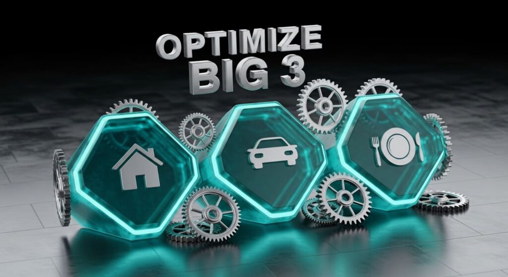 Big Three optimization showing how frugal living tips for housing transportation and food save thousands