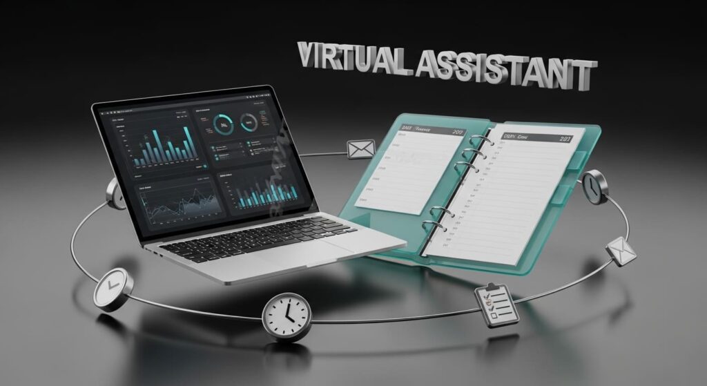Virtual assistant income progression showing growth from $1,200 to $8,000 monthly working from home
