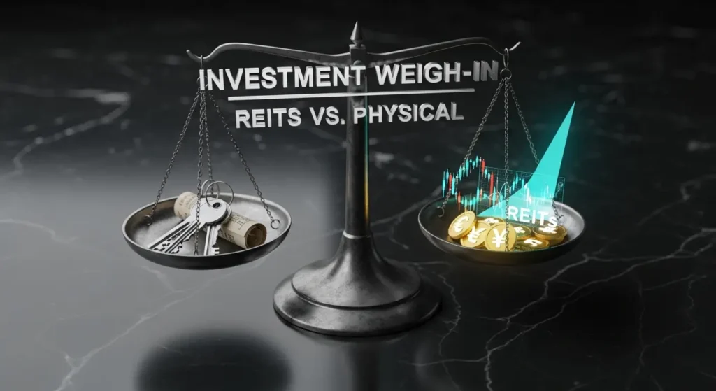 Dark moody macro shot of a hyper-detailed 3D metallic balance scale. Floating polished 3D silver text reading 'INVESTMENT WEIGH-IN' and 'REITS VS. PHYSICAL'. Traditional keys and modern digital data on the scale pans. Strategic gold and teal lighting accents.