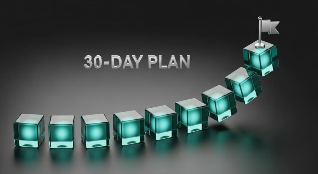 30-day timeline showing week-by-week progress from $0 to $1,000 saved in 30 days