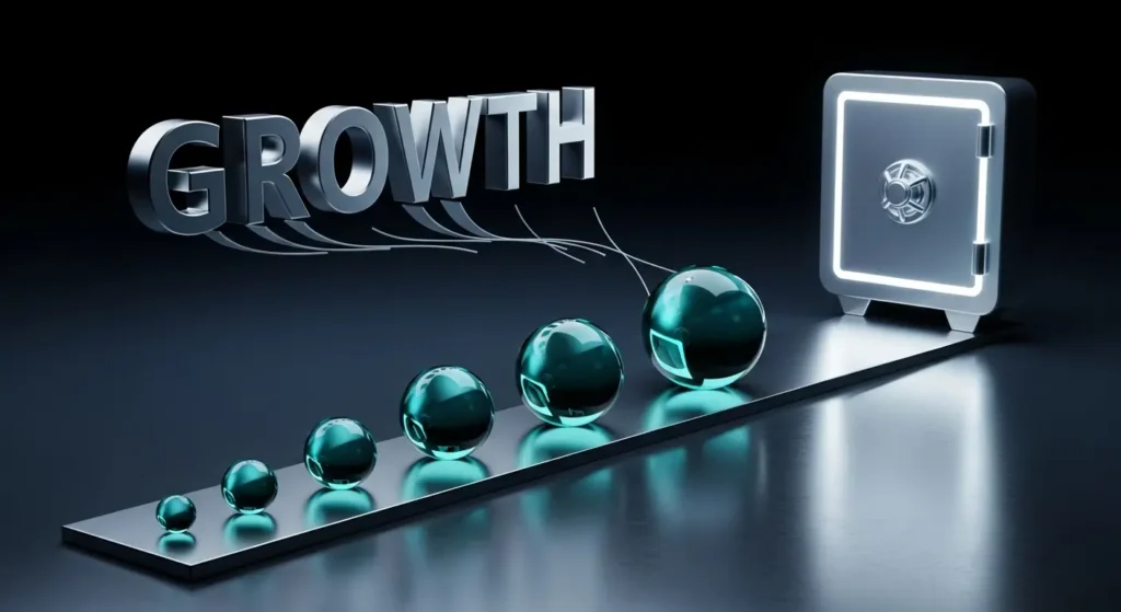 A professional high-end 3D render in the 'COMBO' fintech style, showing a financial timeline of wealth accumulation through the snowball effect. It features glowing teal glass spheres growing in size on a polished silver path with the word 'GROWTH' in bold 3D silver letters, set against a dark background with soft blue reflections.