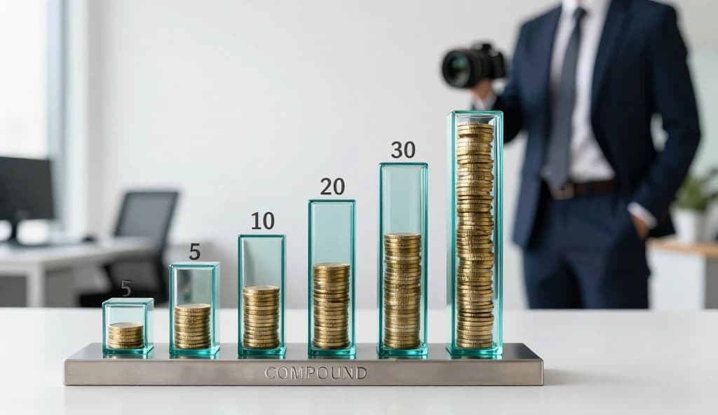 Compound interest visualization showing exponential wealth growth over decades starting in 20s