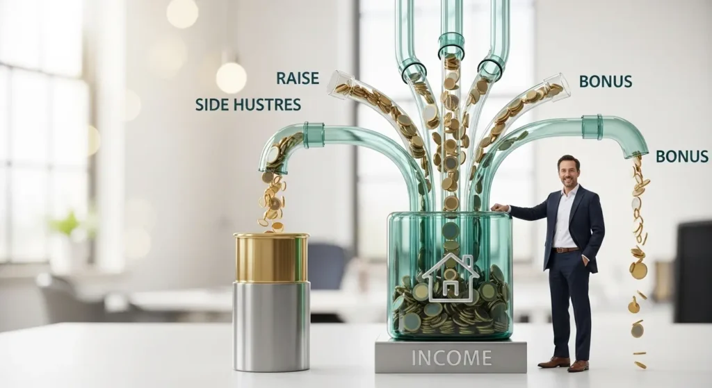 Multiple income streams combining to accelerate down payment savings for house purchase