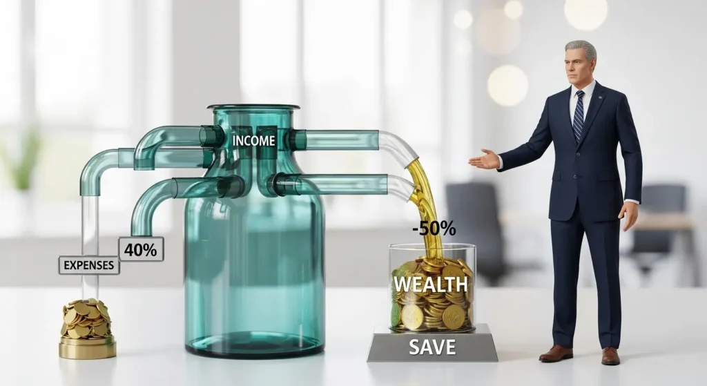 Aggressive savings rate strategy showing 40-50% income directed to wealth building after 40