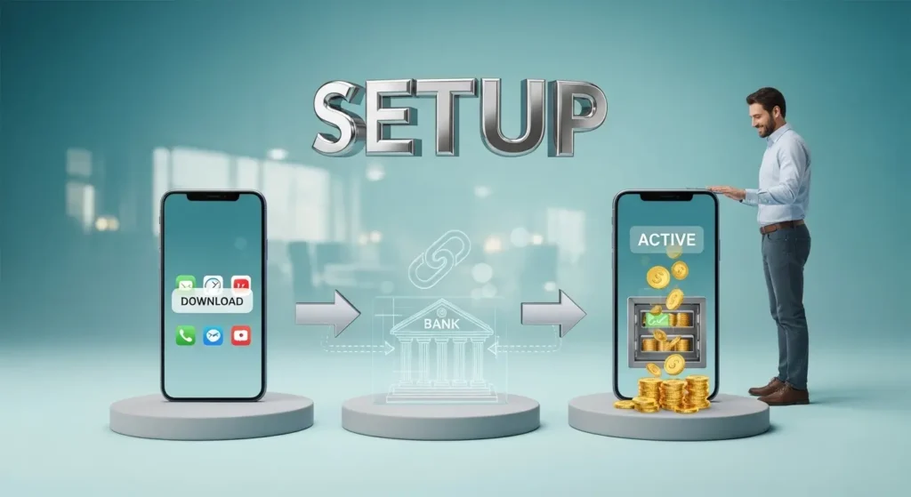 Three-step setup process for automated savings apps from download to active automation