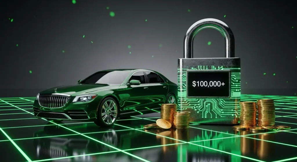 A photorealistic depiction of the high cost of car loans. A sleek emerald green luxury car is parked on a dark, reflective floor with embedded green grid lines. Next to it is a large, metallic security padlock with integrated circuits and a black screen displaying '$100,000+' in clear white text, symbolizing massive long-term debt against a dark background.