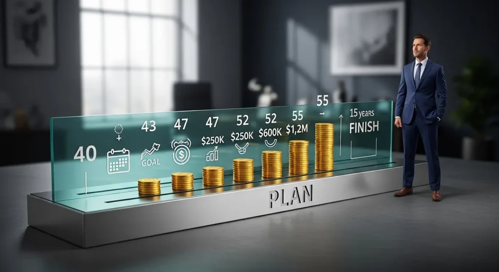 15-year wealth building timeline showing progression from age 40 to 55 with milestones