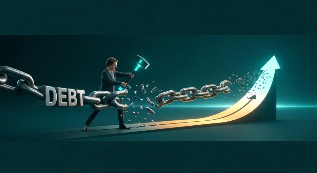 Digital illustration in teal and silver of a determined 40-plus figure crushing rusty chains labeled DEBT with a glowing hammer, clearing a path to wealth.