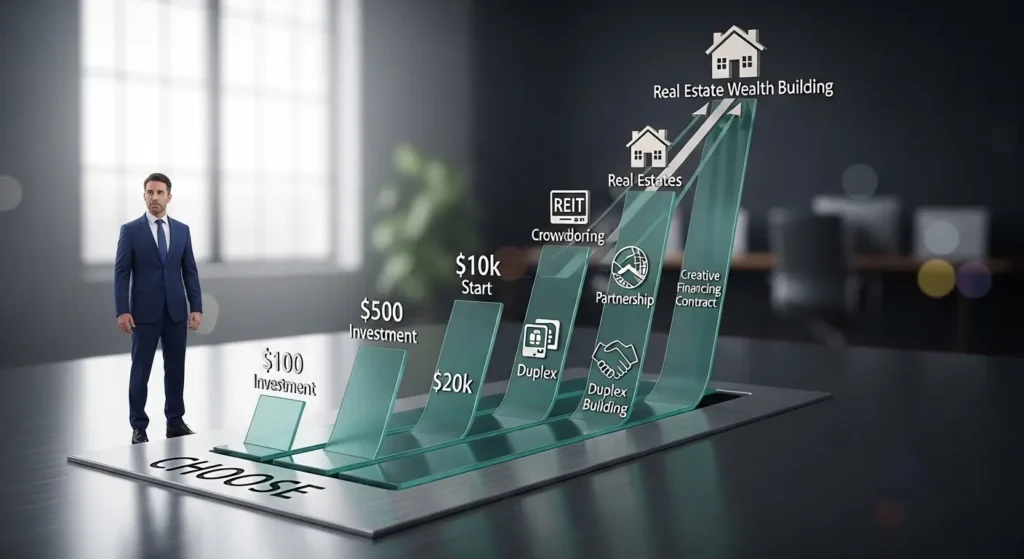 Multiple pathways to real estate investing showing options from $100 to $20,000 capital