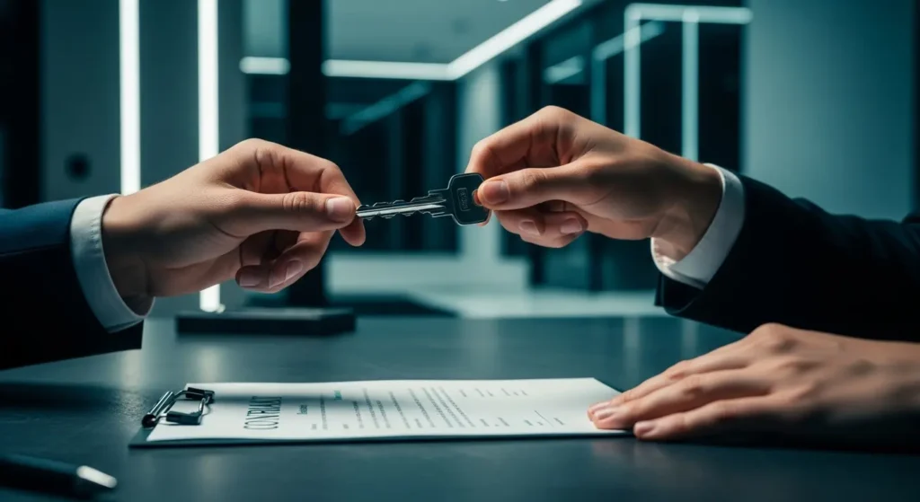 Close-up photorealistic shot of a silver key being handed over a contract on a dark desk with teal lighting, representing a creative real estate deal