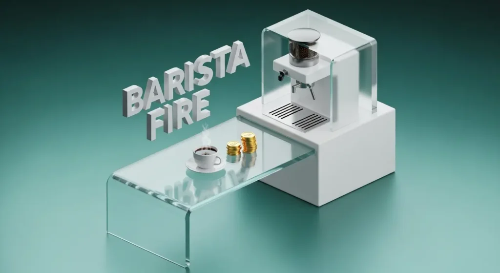 3D isometric illustration of a glass coffee station with the words BARISTA FIRE floating above, representing part-time financial independence.