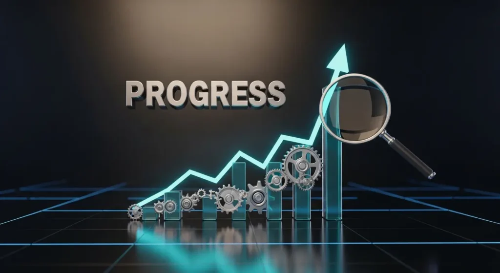 A professional high-end 3D render in the definitive 'COMBO' visual style, representing Step 9 of a home down payment saving guide. It features an upward-trending chart made of glowing teal glass and polished silver gears, with a magnifying glass focusing on the peak. Floating in bold 3D metallic silver letters is the word 'PROGRESS', symbolizing monitoring progress and making monthly adjustments, set against a dark metallic background with soft blue neon grid lighting.