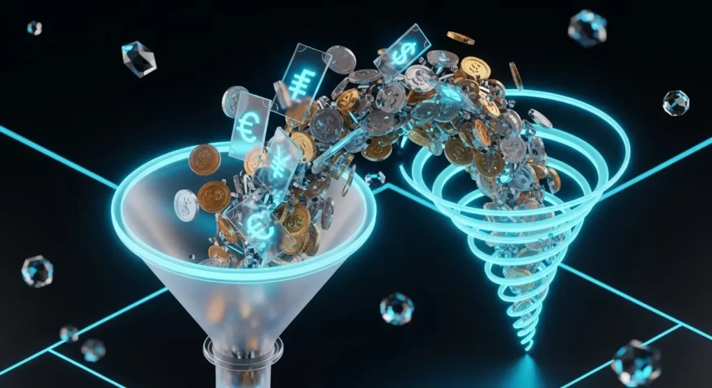 A symbolic key and lock representation of opening financial doors. A futuristic metallic key with glowing edges unlocks a massive vault door, revealing stacks of multiplying silver coins. The scene uses a deep blue and gold color scheme against a minimalist dark background, evoking professional stability and growth, designed in a modern fintech style for a beginner investing guide.