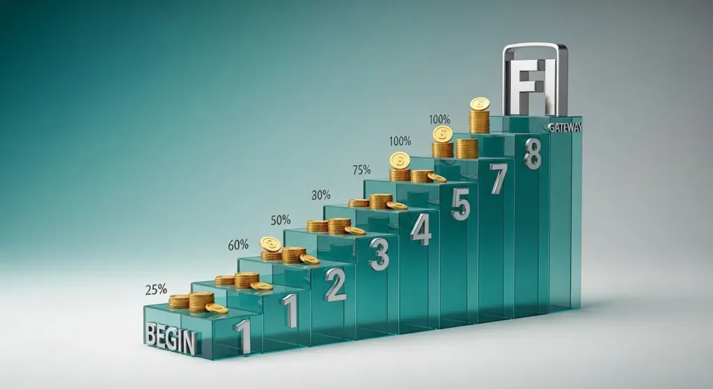 Eight-step journey to financial independence showing progressive wealth building path