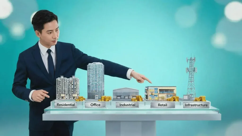Different REIT types showing residential, commercial, industrial, and specialty property options