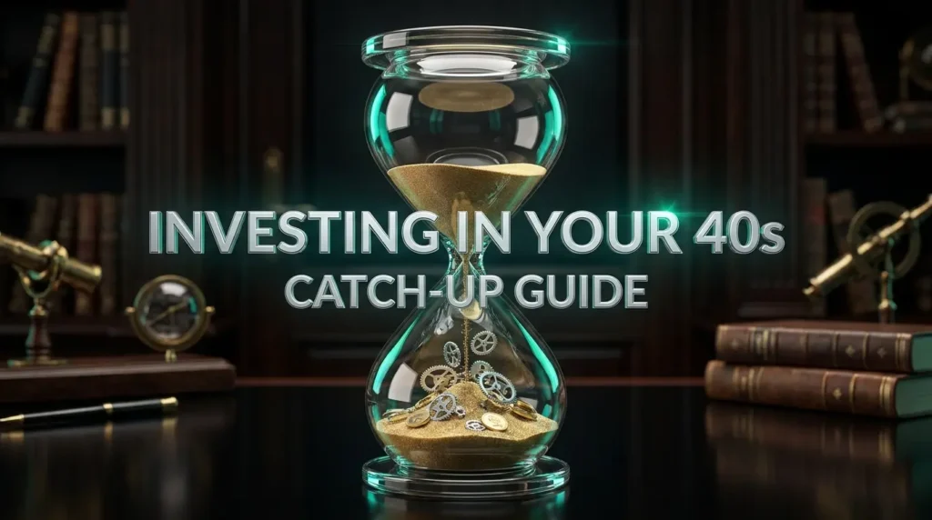Luxury glass hourglass with silver gears and gold coins inside, symbolizing financial catch-up and investing in your 40s