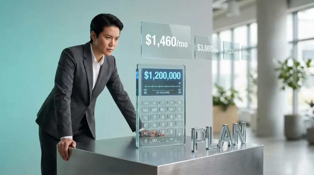 Retirement calculation showing monthly investment amounts needed when starting at age 40