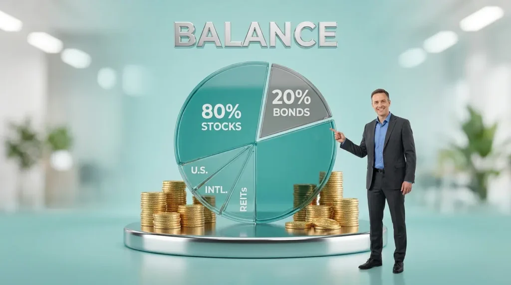 Optimal asset allocation showing 80% stocks 20% bonds portfolio for investors in their 40s