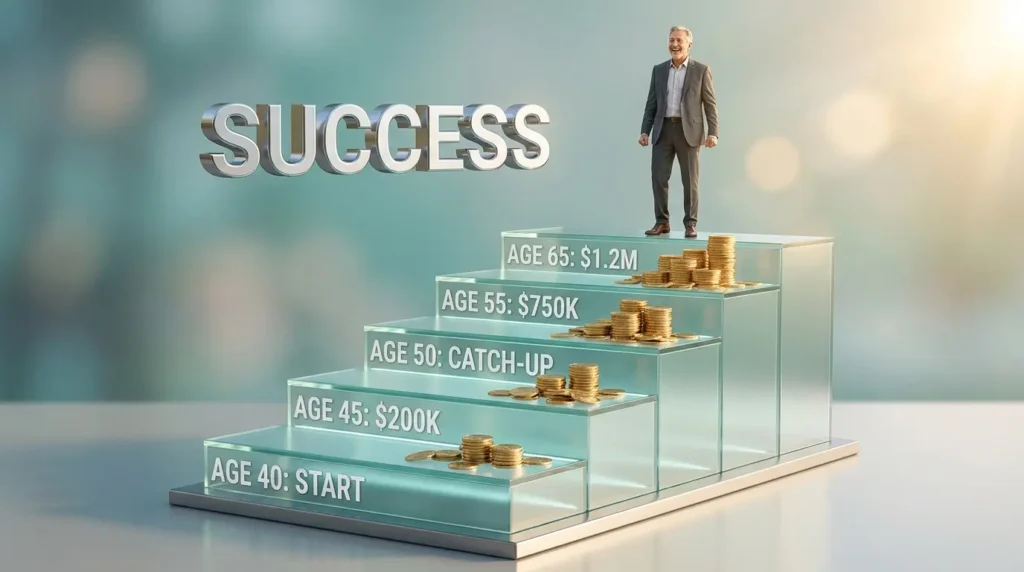Success timeline showing wealth accumulation from age 40 to 65 through consistent investing