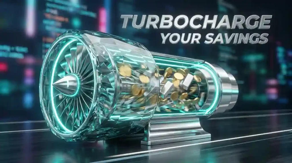 3D glass turbine accelerating gold and silver coins, representing aggressive saving strategies for late investors. Floating 3D silver text reads 'TURBOCHARGE YOUR SAVINGS'